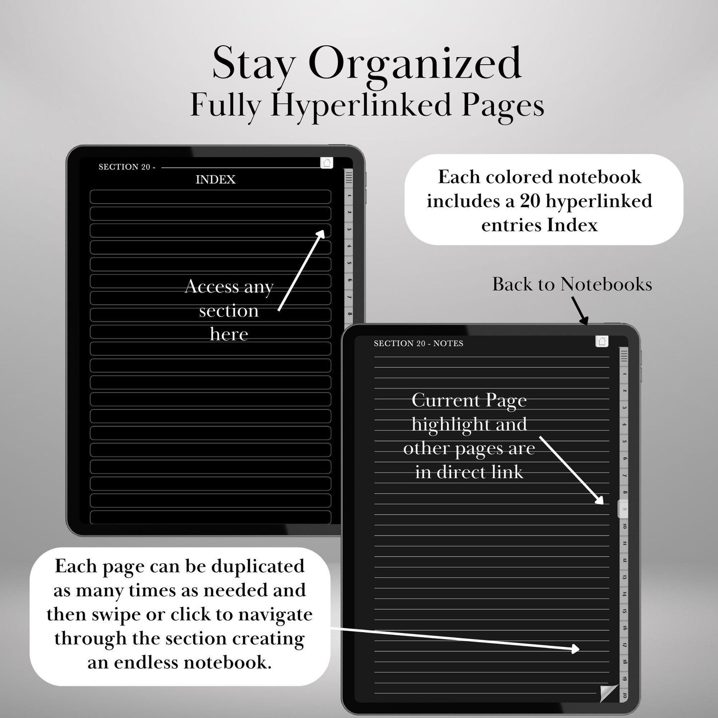 Digital Dark Notebook with tabs for Goodnotes | Ipad Notebook | Hyperlinked PDF Template | Notebook templates | Digital Notebook Template