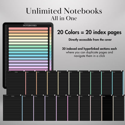 Digital Dark Notebook with tabs for Goodnotes | Ipad Notebook | Hyperlinked PDF Template | Notebook templates | Digital Notebook Template