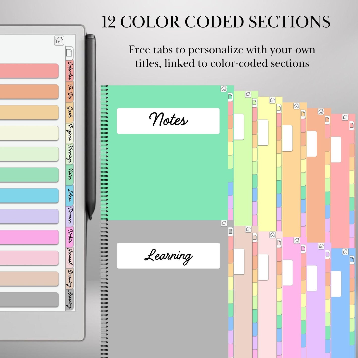Colored tabs Notebook for reMarkable Paper Pro Template Hyperlinked PDF Color Notebook template Custom Digital Notebook eInk Templates