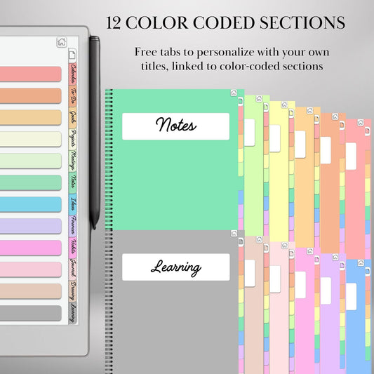 Colored tabs Notebook for reMarkable Paper Pro Template Hyperlinked PDF Color Notebook template Custom Digital Notebook eInk Templates