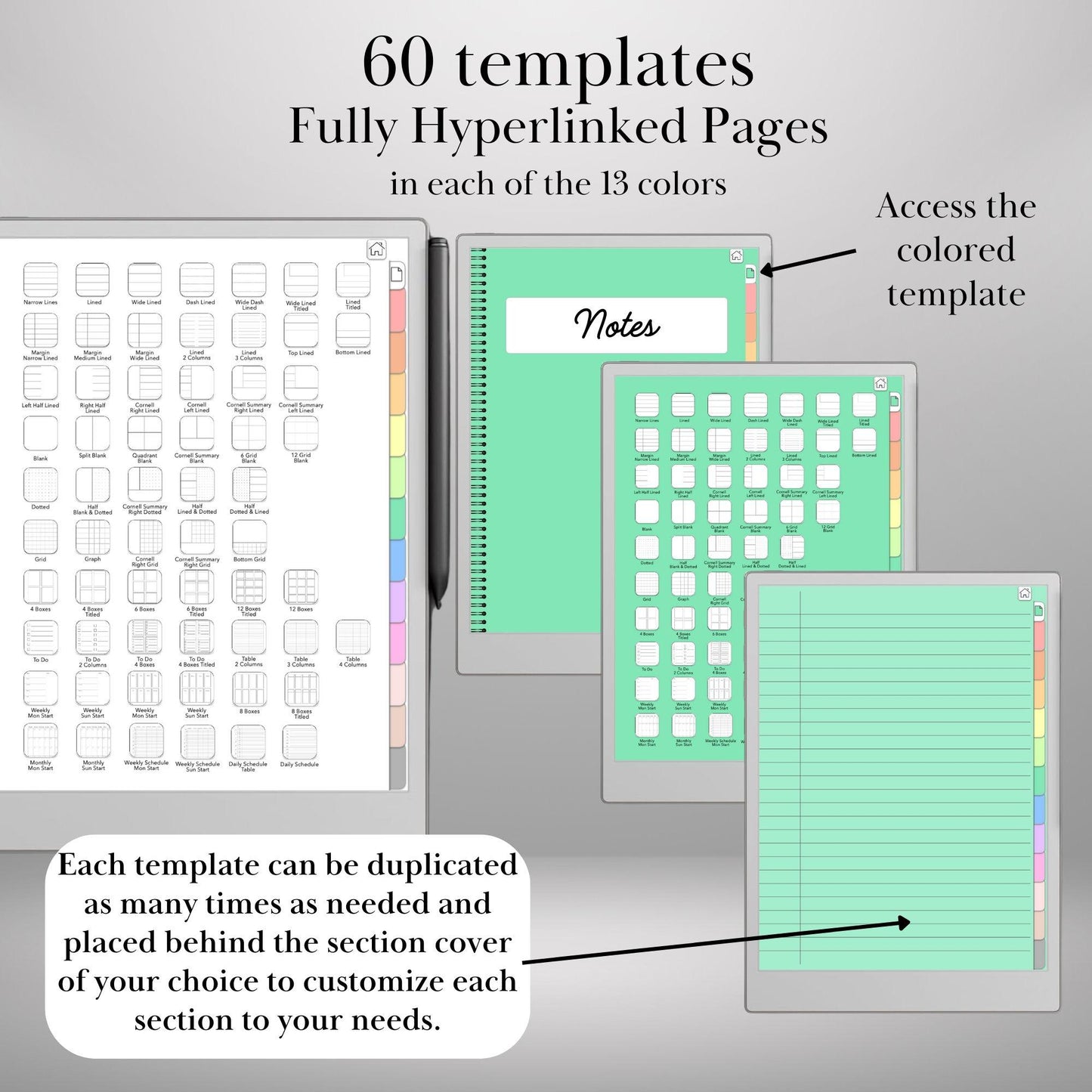 Colored tabs Notebook for reMarkable Paper Pro Template Hyperlinked PDF Color Notebook template Custom Digital Notebook eInk Templates