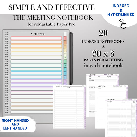 Meeting Notes for reMarkable Paper Pro and Remarkable 2 Hyperlinked Template  Meeting Notebook Digital Business and Productivity Template
