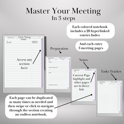 Meeting Notes for reMarkable Paper Pro and Remarkable 2 Hyperlinked Template  Meeting Notebook Digital Business and Productivity Template