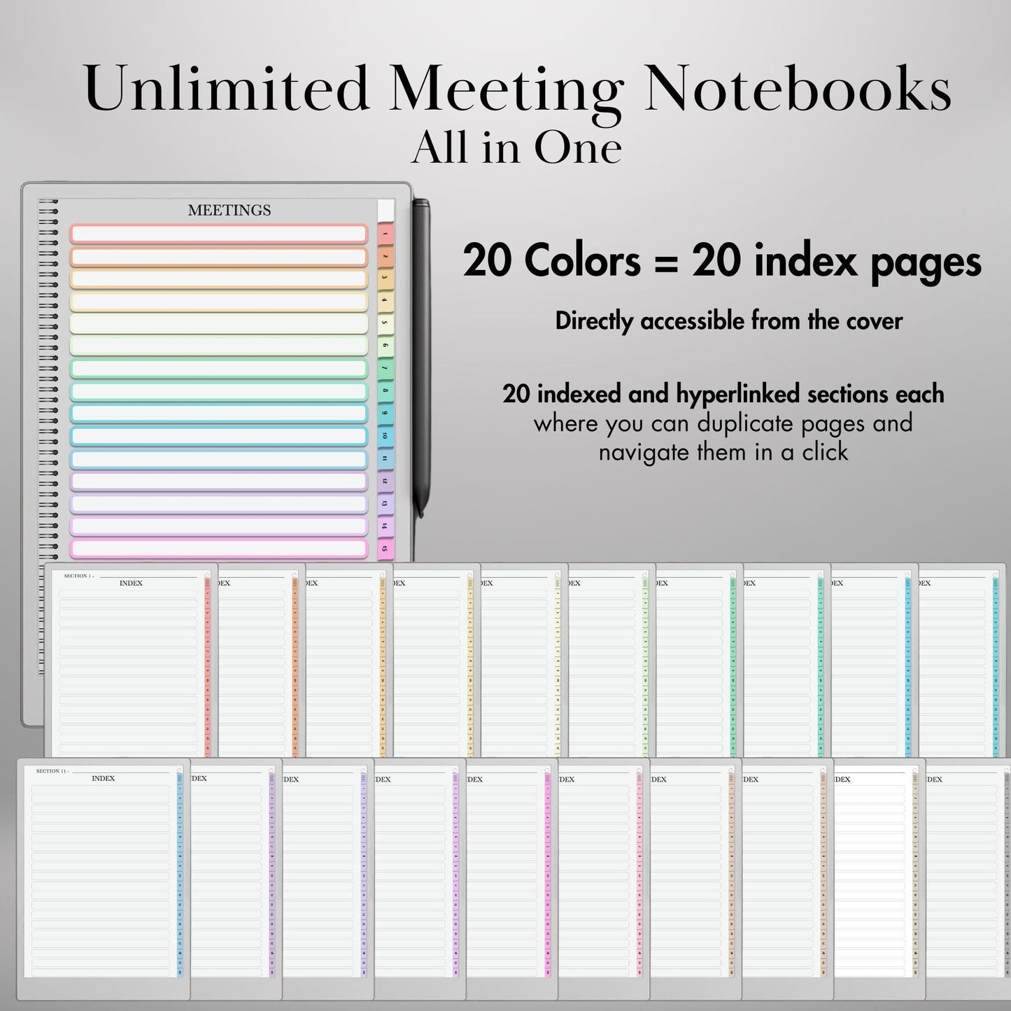 Meeting Notes for reMarkable Paper Pro and Remarkable 2 Hyperlinked Template  Meeting Notebook Digital Business and Productivity Template