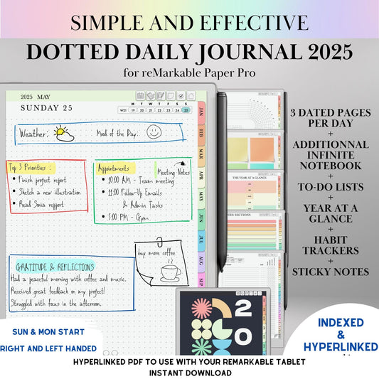 Daily Journal Planner 2025 for reMarkable Paper pro Journaling Hyperlinked Notebook reMarkable Templates Digital Planner reMrakable Calendar