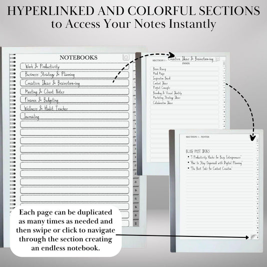 Infinite Notebook for Remarkable 2 Hyperlinked PDF Template Minimalist Notebook template with tabs Digital Notebook Organizer eInk Templates