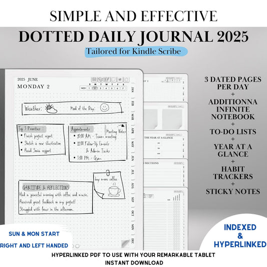 Kindle Scribe Templates 2025 Daily Journal Planner | Kindle Scribe Planner Hyperlinked Digital Notebook | Habit Tracker To-Do | PDF Download