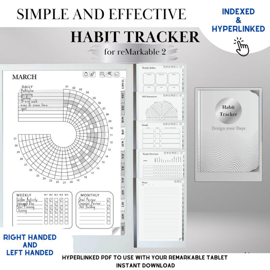 Habit Tracker for reMarkable 2 Self Care Tracker Hyperlinked PDF Template Minimalist Goal Tracker Templates Productivity Template e-ink