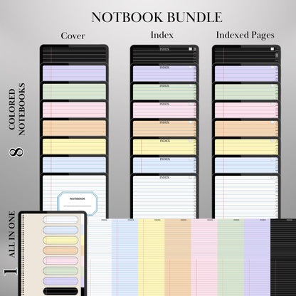 Goodnotes Digital Notebook with tabs | Ipad Notebook | Hyperlinked PDF | 8+1 Colored Paper Notebook template | Digital Notebook Template