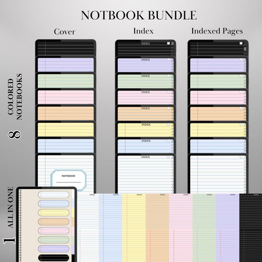 Goodnotes Digital Notebook with tabs | Ipad Notebook | Hyperlinked PDF | 8+1 Colored Paper Notebook template | Digital Notebook Template