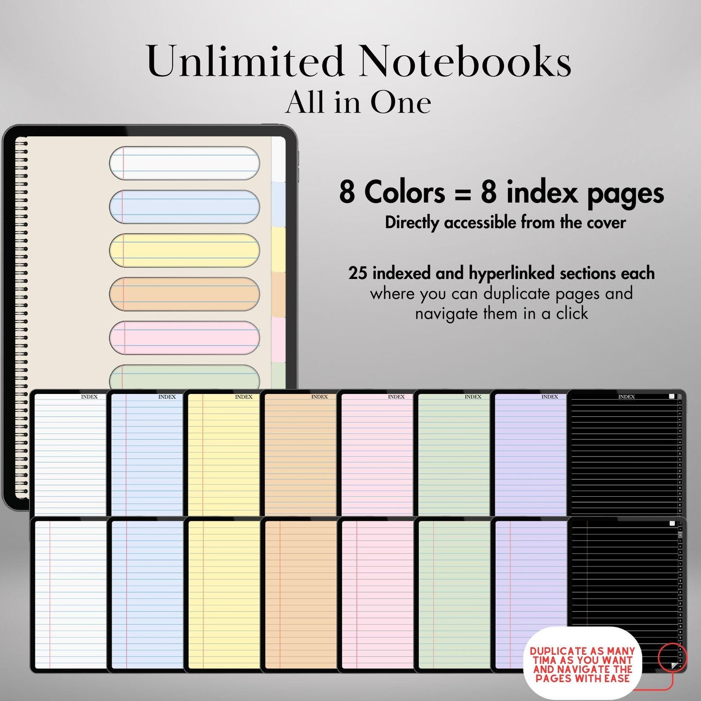 Goodnotes Digital Notebook with tabs | Ipad Notebook | Hyperlinked PDF | 8+1 Colored Paper Notebook template | Digital Notebook Template