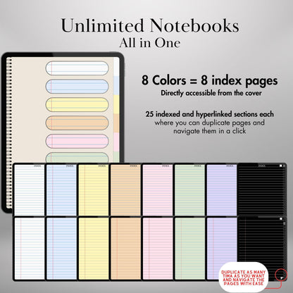 Goodnotes Digital Notebook with tabs | Ipad Notebook | Hyperlinked PDF | 8+1 Colored Paper Notebook template | Digital Notebook Template