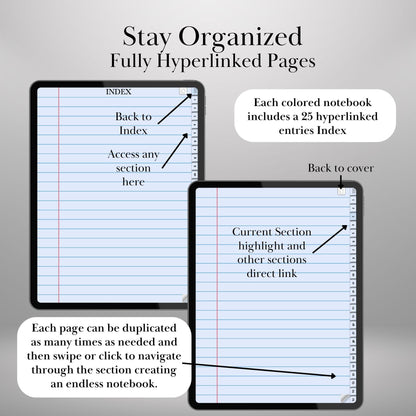 Goodnotes Digital Notebook with tabs | Ipad Notebook | Hyperlinked PDF | 8+1 Colored Paper Notebook template | Digital Notebook Template