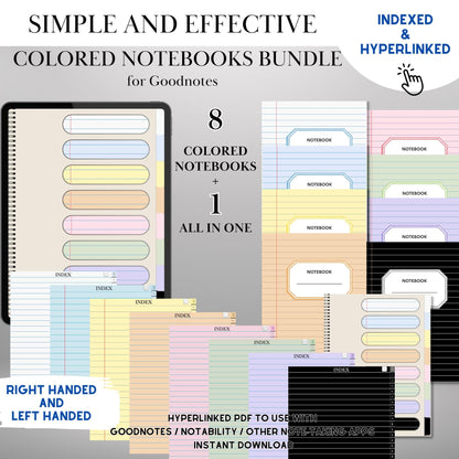 Goodnotes Digital Notebook with tabs | Ipad Notebook | Hyperlinked PDF | 8+1 Colored Paper Notebook template | Digital Notebook Template