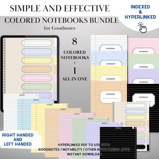 Goodnotes Digital Notebook with tabs | Ipad Notebook | Hyperlinked PDF | 8+1 Colored Paper Notebook template | Digital Notebook Template