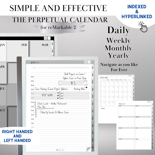 Perpetual Calendar Template for reMarkable 2 Undated Daily Planner Hourly, Daily, Weekly, Monthly Journal Hyperlinked Planner reMarkable2