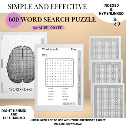Supernote Template Word Search Puzzle Book | Hyperlinked PDF | Supernote Word Search Game | Supernote Templates | Brain Training eInk Tablet