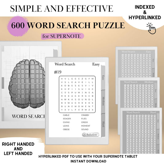 Supernote Template Word Search Puzzle Book | Hyperlinked PDF | Supernote Word Search Game | Supernote Templates | Brain Training eInk Tablet