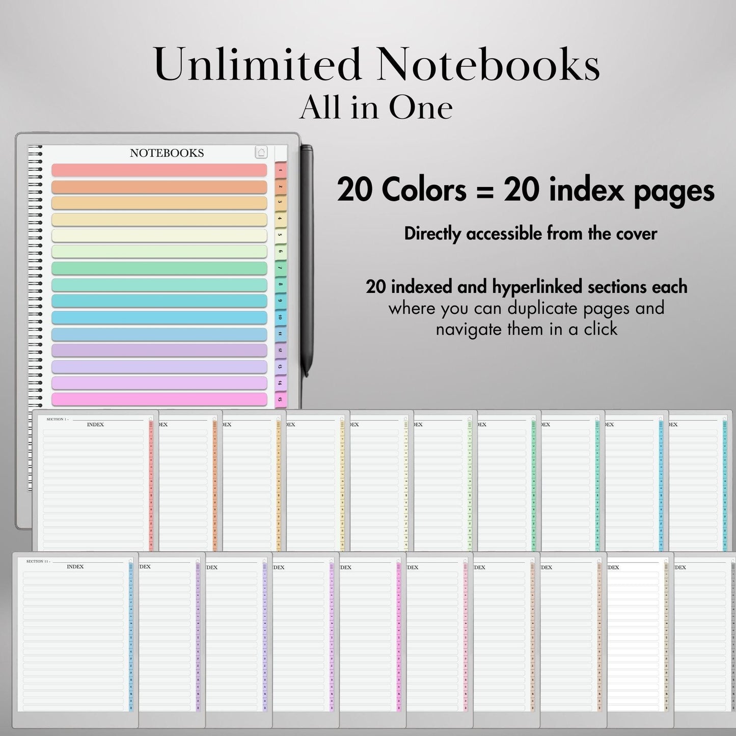 Infinite Notebooks for reMarkable Paper Pro & Remarkable 2 Hyperlinked PDF Template Colored Notebooks templates Digital Notebooks eInk