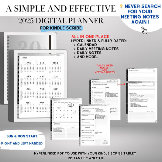 2025 Kindle Scribe Planner – Hyperlinked Daily, Weekly & Monthly Calendar | Productivity PDF Notebook