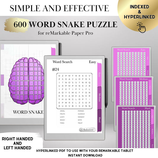 Word Snake Puzzle Book for reMarkable Paper Pro Template Hyperlinked Word Snake Remarkable Game reMarkable 2 E-ink Brain Game Mindfulness