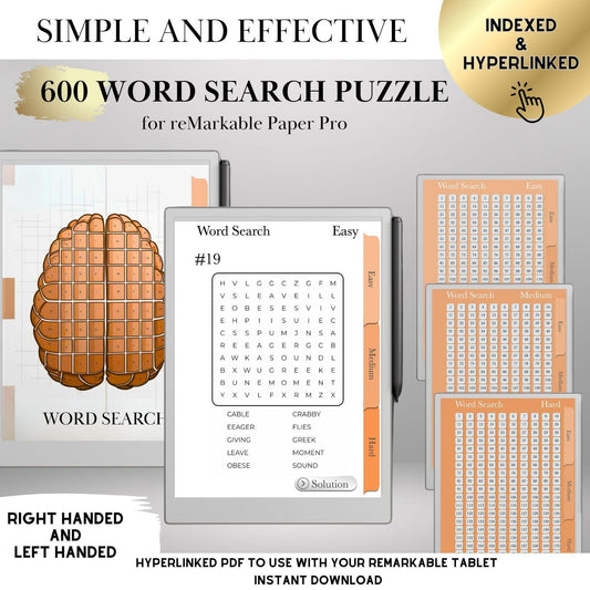 Word Search Puzzle Book for reMarkable Paper Pro Template Hyperlinked Word Search remarkable Game Activity reMarkable 2 e-ink Brain Game