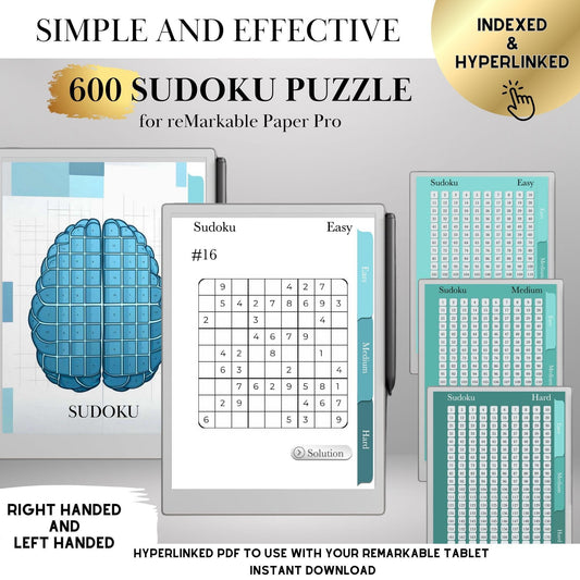 Sudoku Puzzle Book for reMarkable Paper Pro Template Hyperlinked Sudoku remarkable Game reMarkable 2 Brain Game e-ink tablet Templates