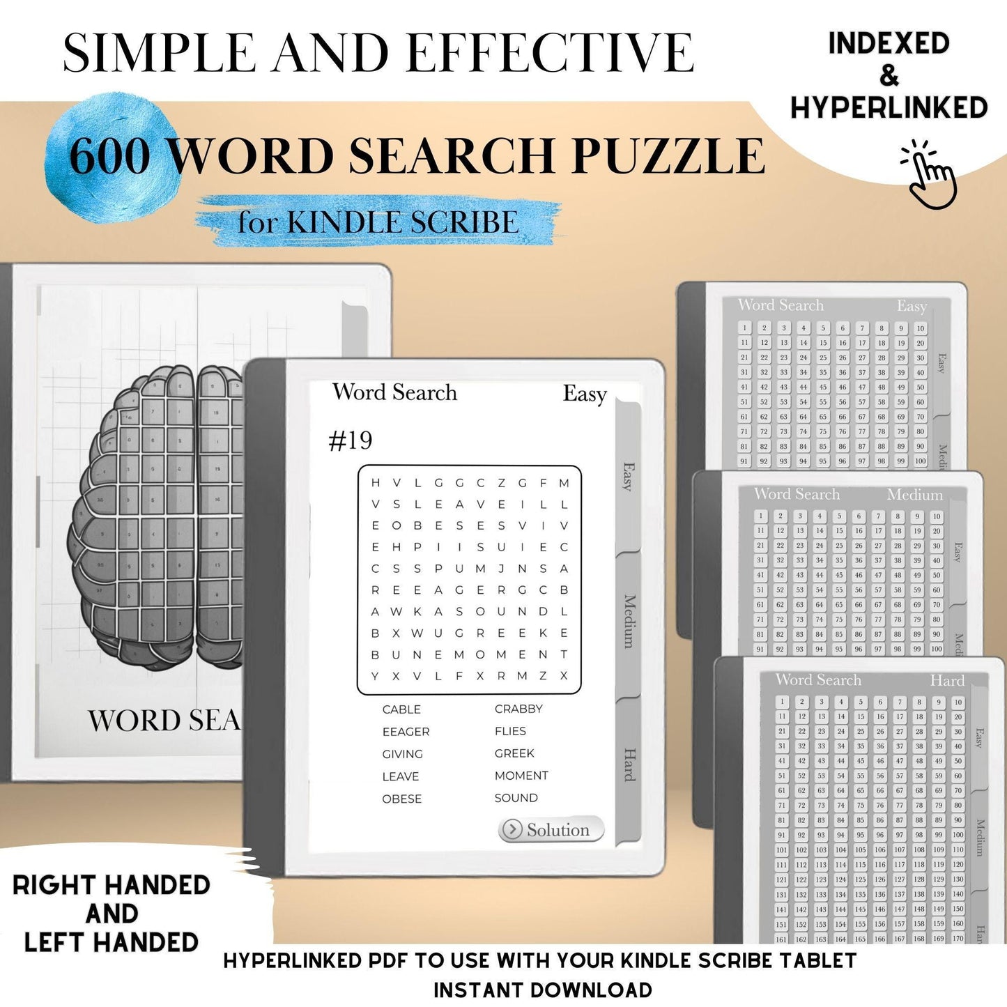 Kindle Scribe Word Search Puzzle Book | Hyperlinked PDF | Brain Training Game for eInk Tablets | Word Search for Kindle Scribe