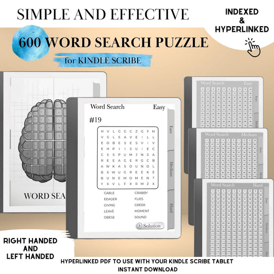 Kindle Scribe Word Search Puzzle Book | Hyperlinked PDF | Brain Training Game for eInk Tablets | Word Search for Kindle Scribe