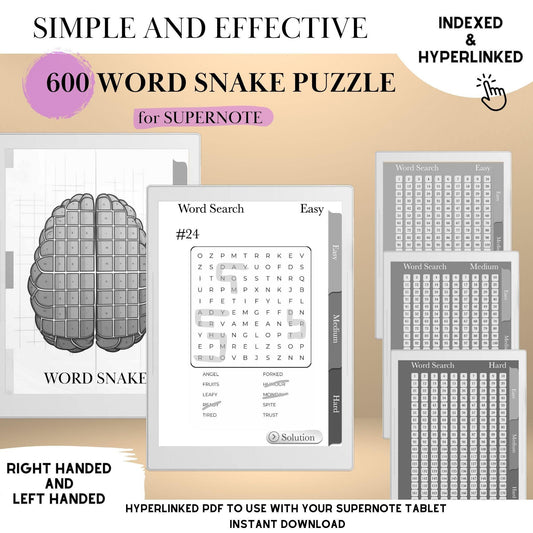 Supernote Template Word Snake Puzzle Book | Hyperlinked Word Snake Game | Digital Puzzle for Supernote A5X & A6X | Brain Training eInk Book