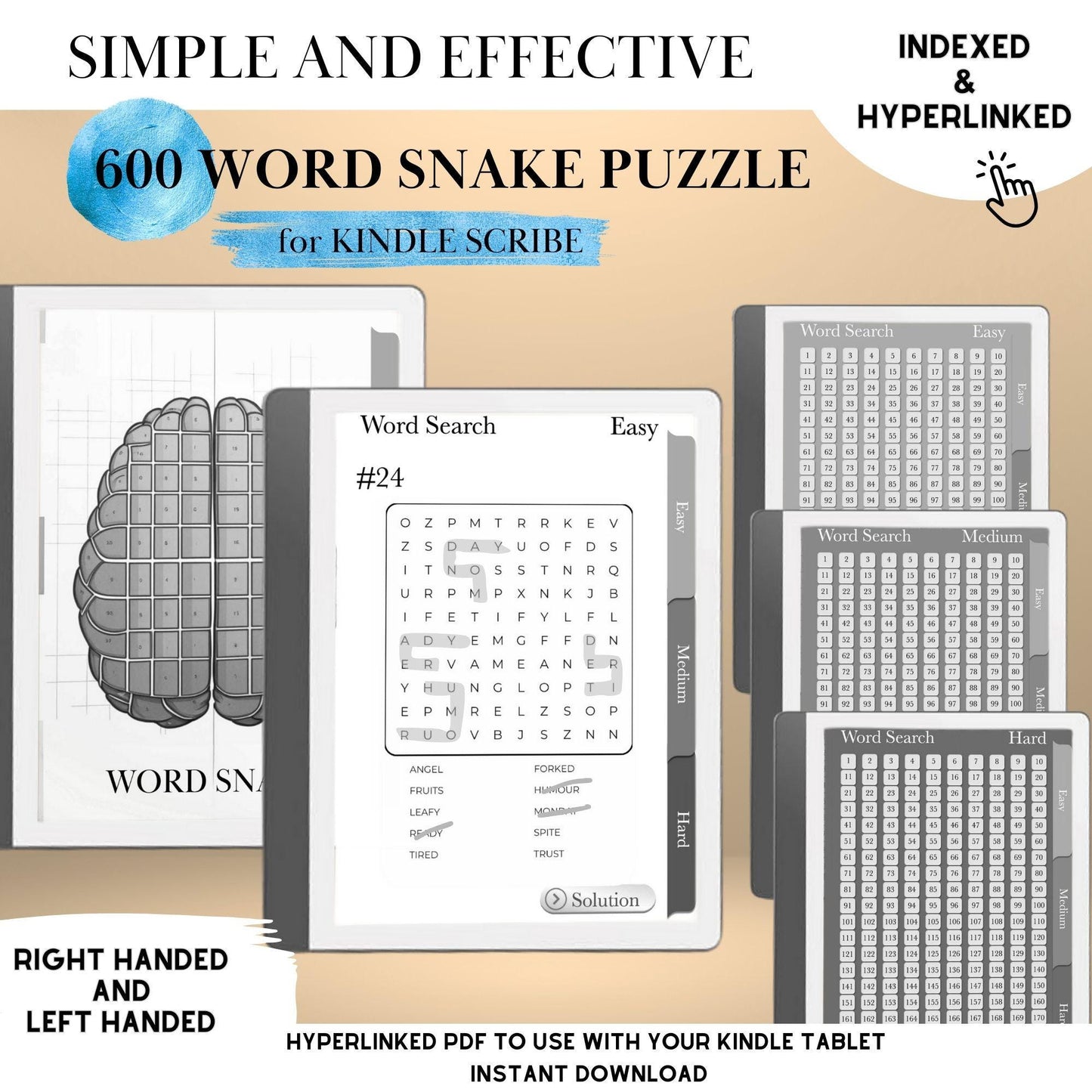 Kindle Scribe Templates Word Snake Puzzle Book | Hyperlinked Word Snake Game Brain Training eInk Puzzle | Kindle Scribe Insert