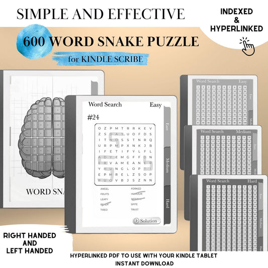 Kindle Scribe Templates Word Snake Puzzle Book | Hyperlinked Word Snake Game Brain Training eInk Puzzle | Kindle Scribe Insert