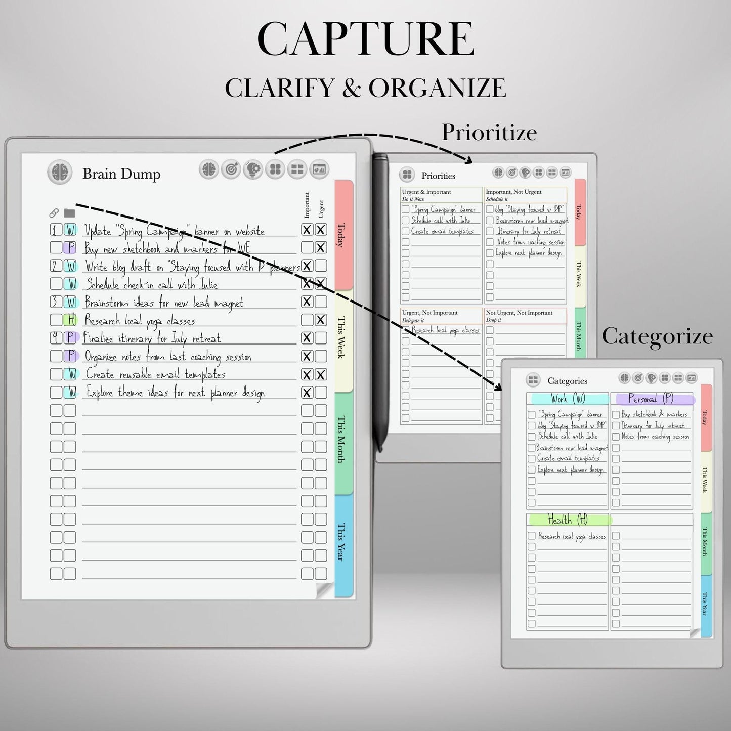 To Do Tracker GTD Planner for reMarkable Paper pro and Remarkable 2 Task Tracker Template Productivity Planner Brain Dump Project Tracker