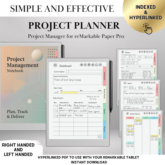Project Planner for reMarkable 2 & Paper Pro Hyperlinked Template Agile Project Management Productivity Planner Project Tracker GTD Planner