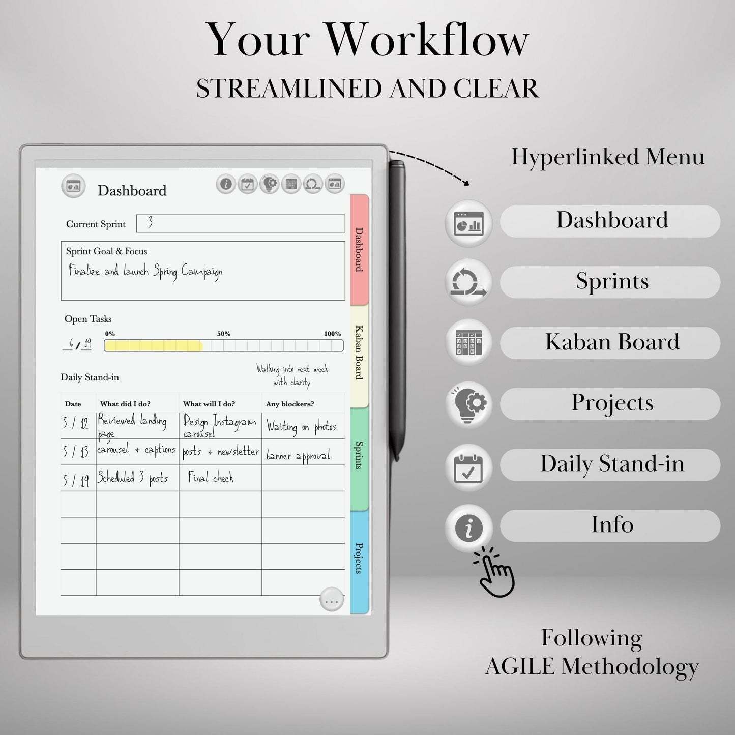 Project Planner for reMarkable 2 & Paper Pro Hyperlinked Template Agile Project Management Productivity Planner Project Tracker GTD Planner