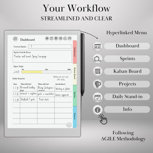 Project Planner for reMarkable 2 & Paper Pro Hyperlinked Template Agile Project Management Productivity Planner Project Tracker GTD Planner