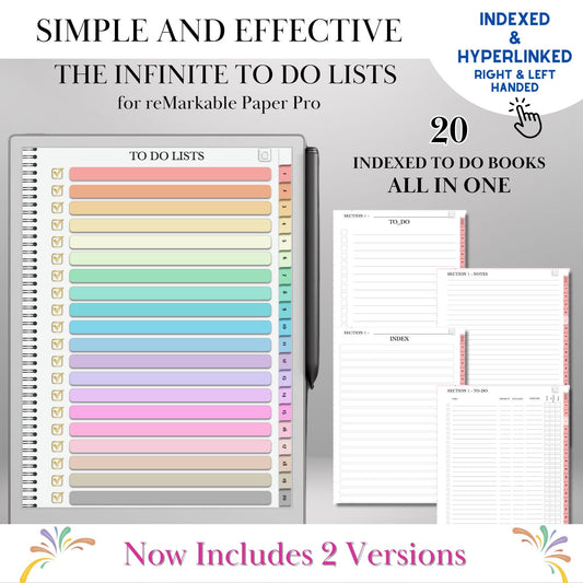 To Do Lists Notebook for reMarkable Paper Pro & Remarkable 2 Hyperlinked PDF Task Tracker Template Tabs To-do templates Productivity Planner