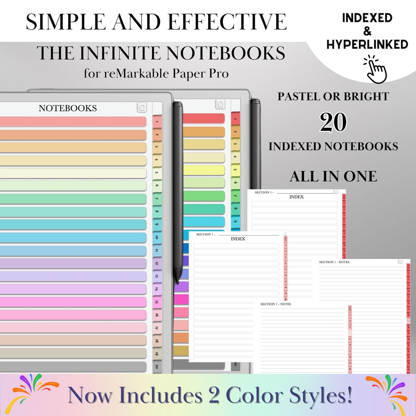 Infinite Notebooks for reMarkable Paper Pro & Remarkable 2 Hyperlinked PDF Template Colored Notebooks templates Digital Notebooks eInk