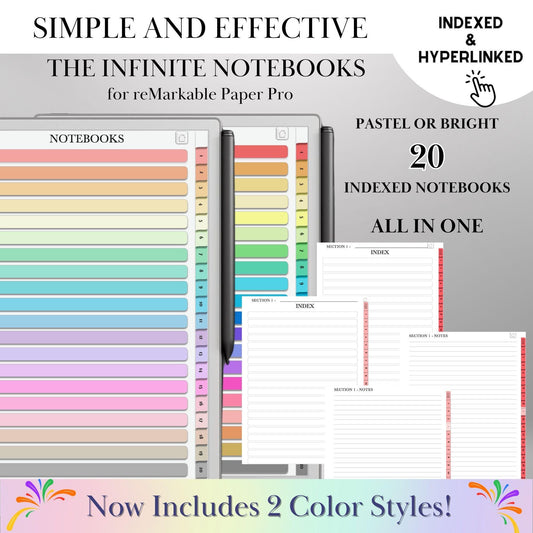 Infinite Notebooks for reMarkable Paper Pro & Remarkable 2 Hyperlinked PDF Template Colored Notebooks templates Digital Notebooks eInk