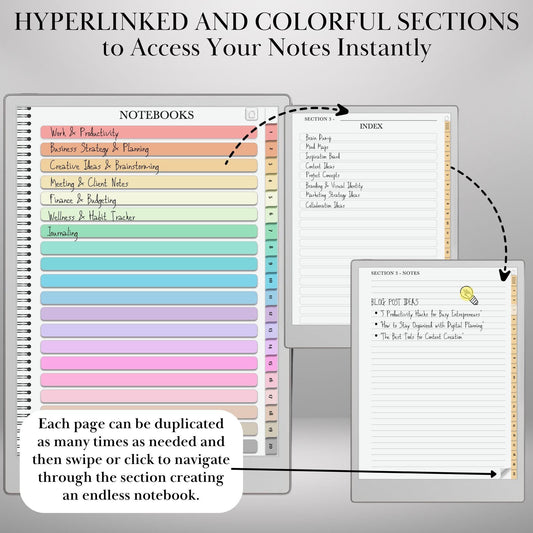 Infinite Notebooks for reMarkable Paper Pro & Remarkable 2 Hyperlinked PDF Template Colored Notebooks templates Digital Notebooks eInk