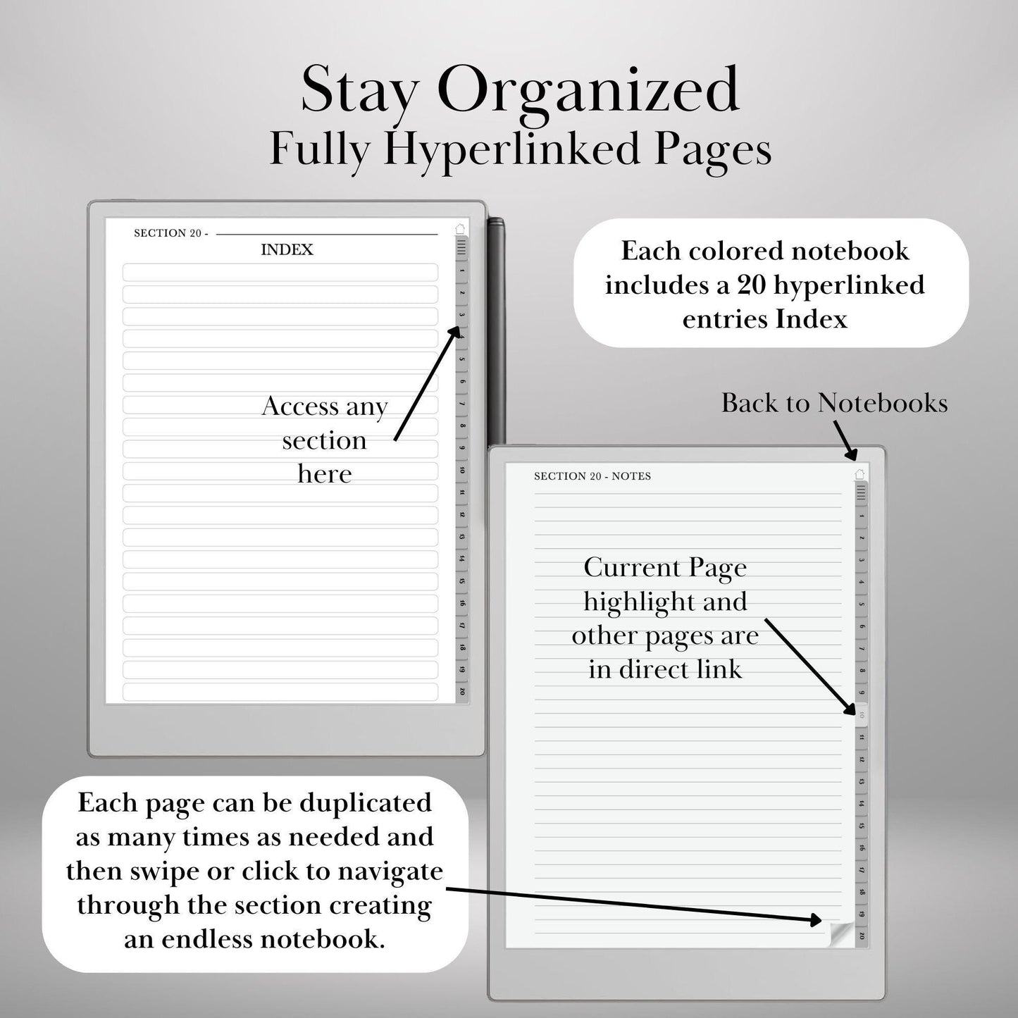 Infinite Notebooks for reMarkable Paper Pro & Remarkable 2 Hyperlinked PDF Template Colored Notebooks templates Digital Notebooks eInk