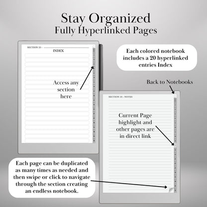 Infinite Notebooks for reMarkable Paper Pro & Remarkable 2 Hyperlinked PDF Template Colored Notebooks templates Digital Notebooks eInk