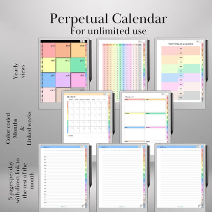 Perpetual Calendar for reMarkable Paper Pro daily planner Undated Monthly Weekly Daily Hourly Planner Hyperlinked Planner for reMarkable 2