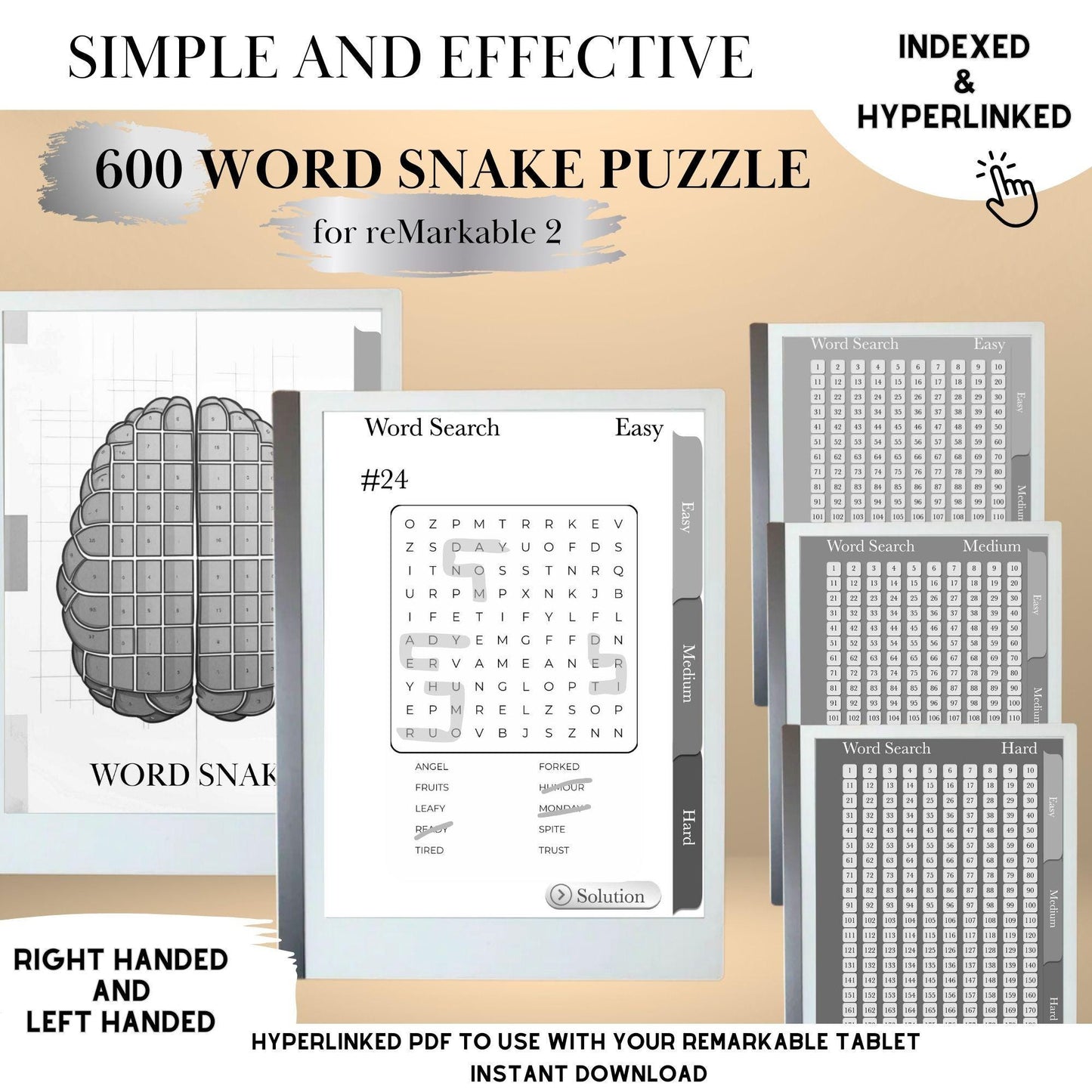 Word Snake Puzzle Book for reMarkable 2 Template Hyperlinked Word Snake Remarkable Game reMarkable 2 puzzle E-ink Brain Games