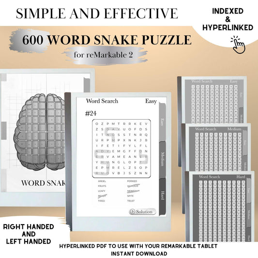 Word Snake Puzzle Book for reMarkable 2 Template Hyperlinked Word Snake Remarkable Game reMarkable 2 puzzle E-ink Brain Games