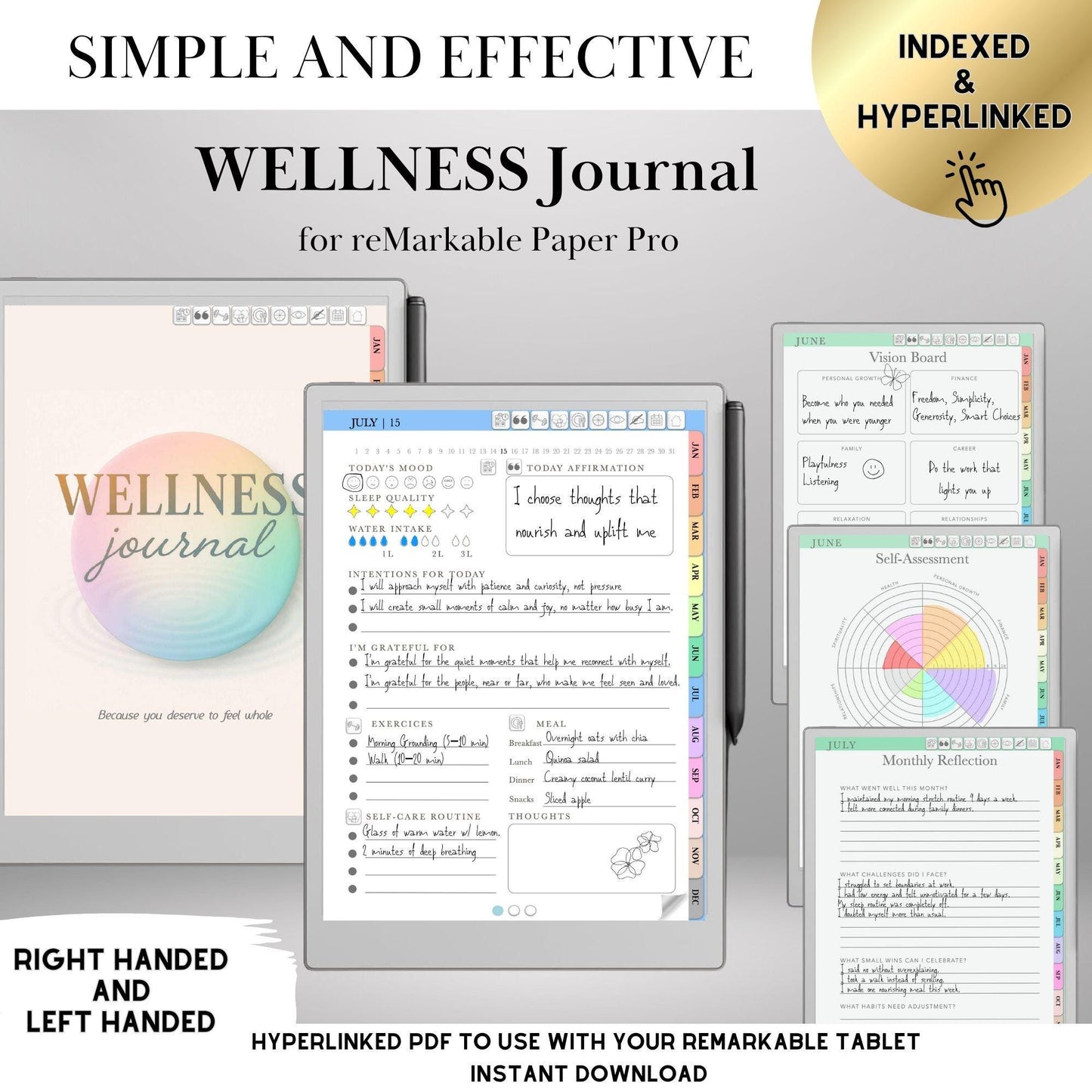 Self Care Journal for reMarkable Paper Pro Wellness Planner Remarkable 2 Hyperlinked PDF Template Gratitude Mental Health Journal Template