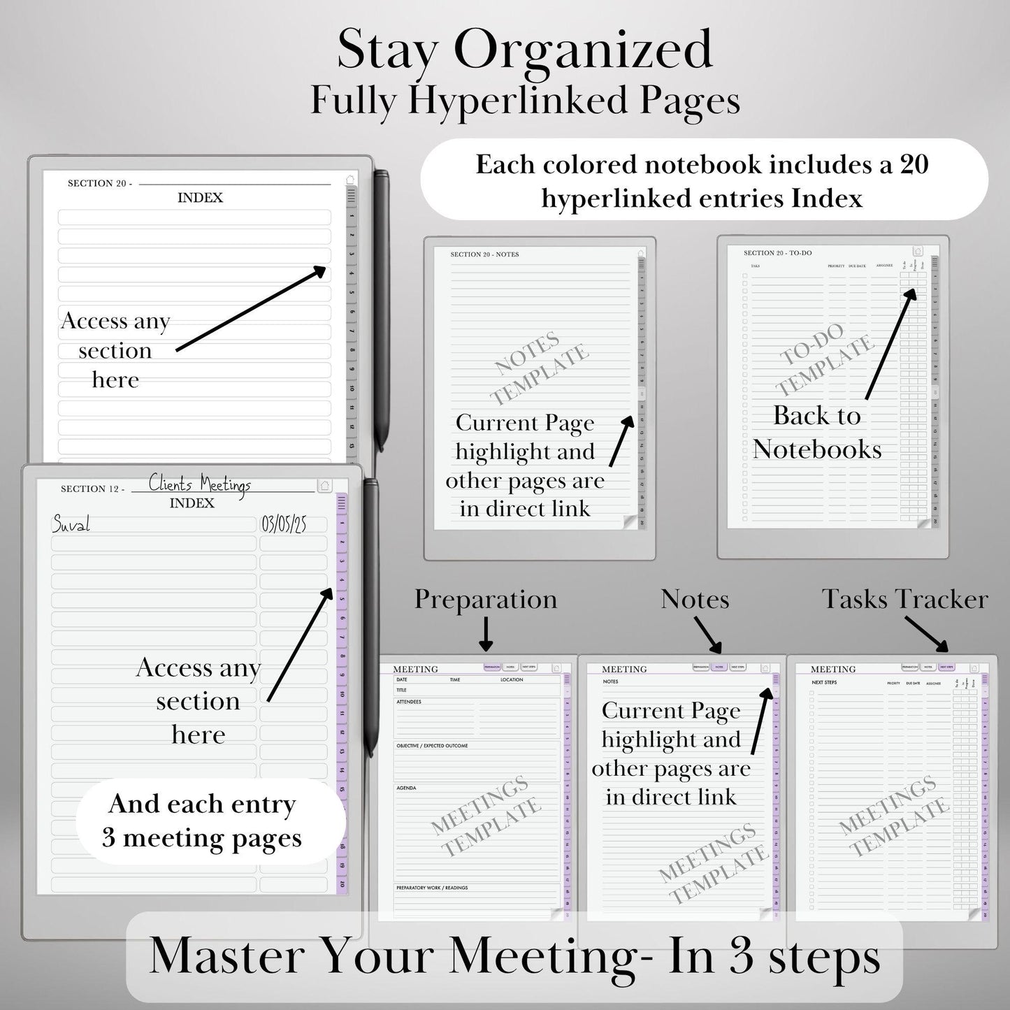 Productivity Bundle for reMarkable Paper Pro Template & reMarkable 2 Hyperlinked Notebooks + To-Do Planner + Meeting Notes eInk Templates