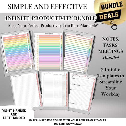 Productivity Bundle for reMarkable Paper Pro Template & reMarkable 2 Hyperlinked Notebooks + To-Do Planner + Meeting Notes eInk Templates