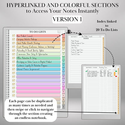 To Do Lists Notebook for reMarkable Paper Pro & Remarkable 2 Hyperlinked PDF Task Tracker Template Tabs To-do templates Productivity Planner