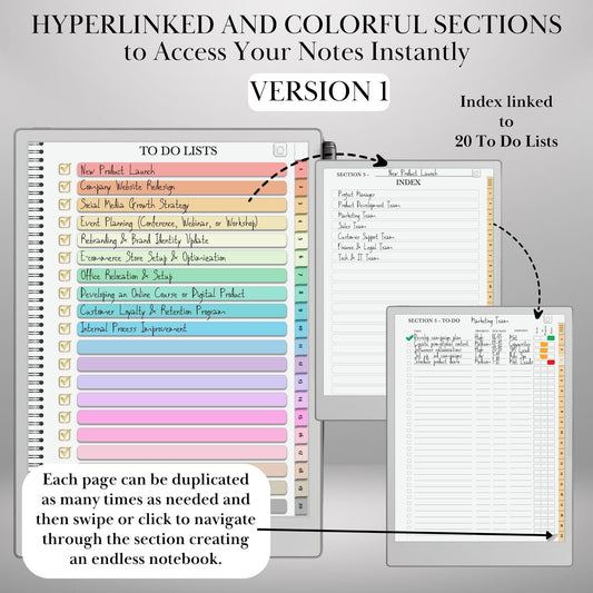 To Do Lists Notebook for reMarkable Paper Pro & Remarkable 2 Hyperlinked PDF Task Tracker Template Tabs To-do templates Productivity Planner